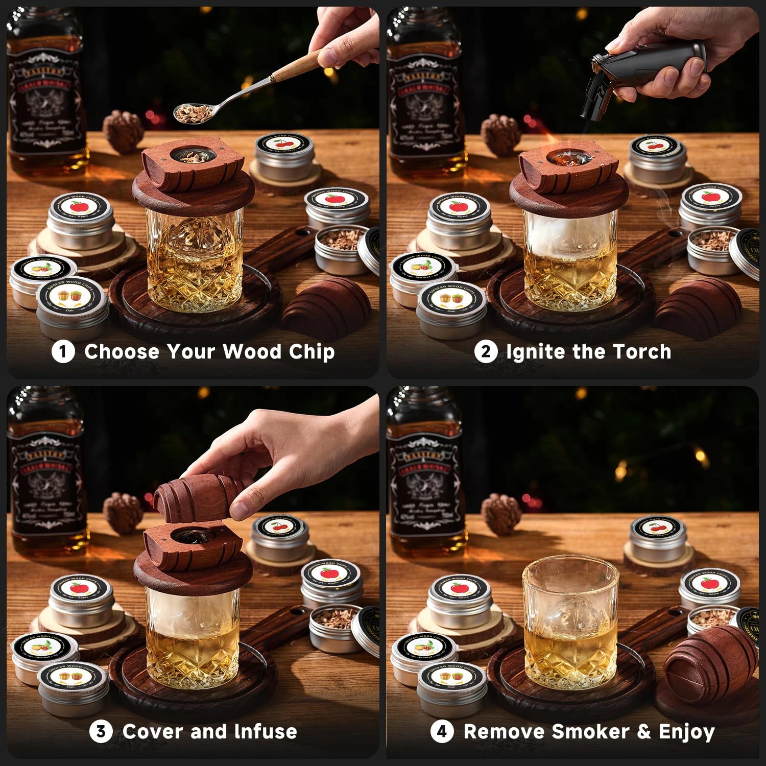 Cocktail Smoker Kit with Apple Cherry Oak Pecan Wood Chips Whiskey Wooden Smoked Wood Hood Smoker for Bar Drinks Kitchen Tools